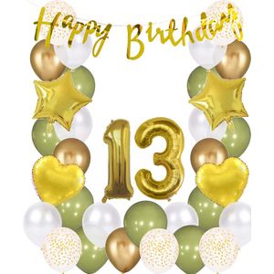 Snoes Ballonnen 13 Jaar Wit Olijf Groen Goud Mega Ballon - Compleet Feestpakket 13 Jaar - Verjaardag Versiering Slinger Happy Birthday – Folieballon – Latex Ballonnen - Helium Ballonnen - Olive Green Verjaardag Decoratie