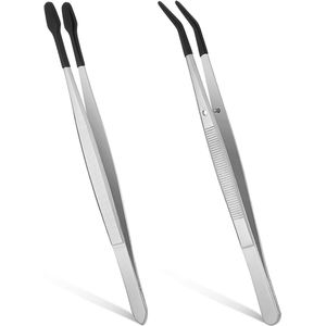 2pcs tweezers met rubberen tips - platte punt en lange gebogen pincet - pvc rubber gecoate antislip pincet - roestvrij staal antistatisch voor reparatie - laboratorium - sieraden
