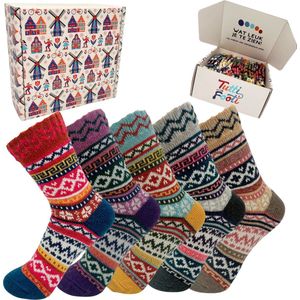 Tutti Footi - Warme Winter Sokken dames - Set 5 paar maat 36-40 - Noors Design met gemetrisch patroon
