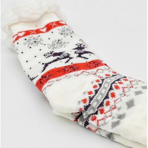 Merino Wollen sokken - Wit met Paarse Rendier - maat 39/42 - Huissokken - Antislip sokken - Warme sokken – Winter sokken