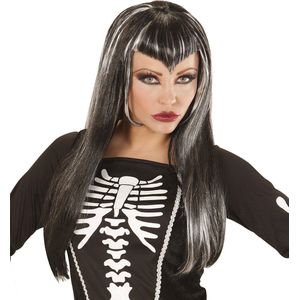 Widmann - Spook & Skelet Kostuum - Pruik, Skeletria Dame - Zwart, Wit / Beige - Halloween - Verkleedkleding