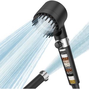 Douchekop met hardwaterfilter - 15 niveaus filtratie, waterbesparend, 15 m slang, 4 sproeistraalmodi - zwart