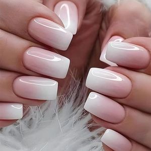 24 Stuks Press On Nails Middellang - Vierkant Ombre Pink Nepnagels - Glanzende Kunstnagels voor Valse Nagels en Opplakbare Nagels