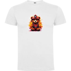 Wit T-Shirt met “Kleurrijke Brandweer TeddyBeer“ Print Full Color maat 104 / 3/4 jaar