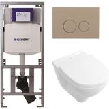 Villeroy & Boch O.novo toiletset met Geberit inbouwreservoir met diepspoel wandcloset wit soft close zitting en bedieningsplaat taupe met ronde knoppen wit