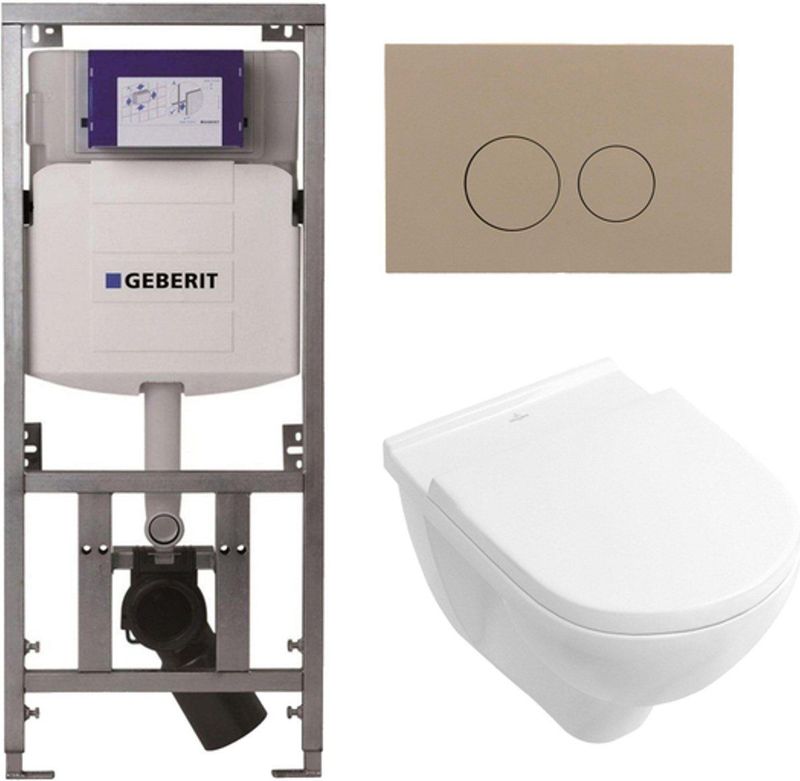 Villeroy & Boch O.novo toiletset met Geberit inbouwreservoir met diepspoel wandcloset wit soft close zitting en bedieningsplaat taupe met ronde knoppen wit