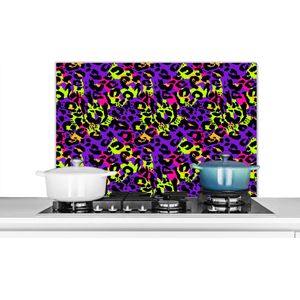 Spatscherm keuken 90x60 cm - Kookplaat achterwand Dierenprint - Neon - Paars - Geel - Muurbeschermer - Spatwand fornuis - Hoogwaardig aluminium