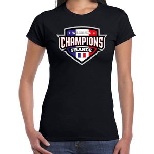 We are the champions France t-shirt met schild embleem in de kleuren van de Franse vlag - zwart - dames - Frankrijk supporter / Frans elftal fan shirt / EK / WK / kleding XS