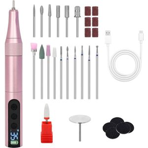 Elektrische nagelvijl 35000 RPM - 18-in-1 elektrische manicureset - Draadloze gelnagelboor met LCD-scherm - Nagelboor - Manicure- en pedicureset - Oplaadbaar - Draagbaar - 18 schuurkoppen + 5 schuurschijven + 6 schuurringen - Roze