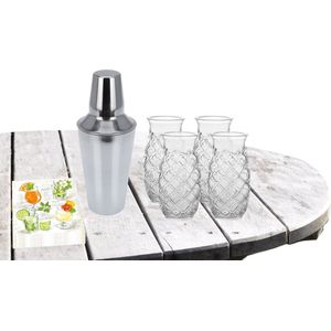 Cocktailshaker 500 ML met 4x Cocktailglazen Pina Colada 505 ML en 20x thema servetten