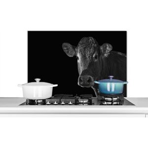 Spatscherm keuken 90x60 cm - Kookplaat achterwand Koe - Dieren - Zwart - Wit - Portret - Muurbeschermer - Spatwand fornuis - Hoogwaardig aluminium