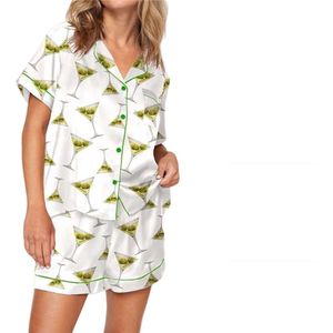 Pyjama - dames - 2-delig - cocktail print - Martini cocktail - wit / groen - broekje met shirt / blouse - shortama - pyjamaset - nachtkleding - nachtset - zomer pyjama - loungewear - pyjamafeest - alcoholvrij