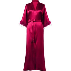 - Lange Dames Ochtendjas van Satijn met Verenmouwen en Kimono Stijl - Stijlvolle Dames Badjas met 3/4 Verenmouwen en Kimono Design - Luxe Dames Negligé in Loungewear Stijl met Verenmouwen