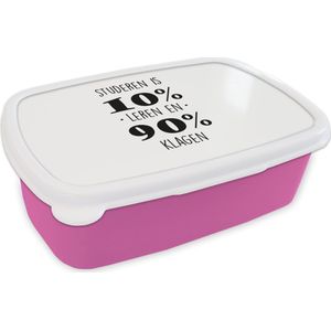 Broodtrommel Roze - Lunchbox - Brooddoos - School - Studenten - Quotes - Studeren is 10% leren en 90% klagen - 18x12x6 cm - Kinderen - Meisje