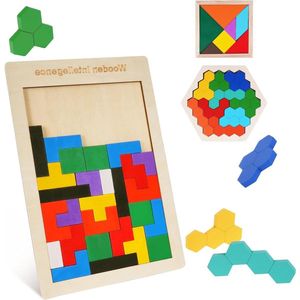 3-in-1 Houten Intelligentie Puzzelset - Tangram Puzzles - Educatief Cadeau voor Kinderen - Hersenkrakers Lego Puzzeldoos - Bouwspel voor Jongens en Meisjes .