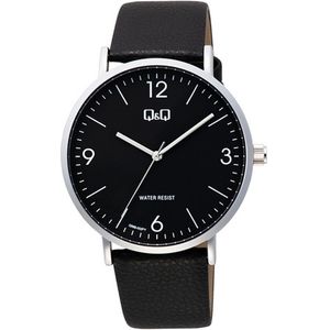 Q&Q Q56B-002PY - Horloge - Analoog - Heren - Mannen - Leren band - Rond - Metaal - Zwart - Zilverkleurig - 3ATM