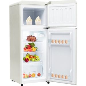 Retrokoelkast. Koel-vriescombinatie, 105,5 cm hoog, 41 cm breed, tweedeurs, met 92 liter totaalvolume, 28 liter vriesvolume. Deurplanken en glazen planken. 181 kWh/jaar, -27°C ~13°C, LED-licht