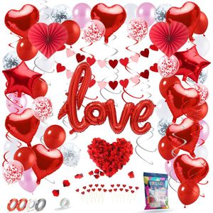 Fissaly 89 Stuks Liefde & Hartjes Decoratie Set Helium & Papieren Confetti Ballonnen en Lint & Rozenblaadjes – I Love you - Cadeautje voor Hem & Haar - Man & Vouw - Hem & Haar - Rood - Valentijn
