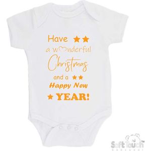 100% katoenen Romper ""Have a wonderful Christmas and a happy New year!"" Kerst Kerstmis Nieuwjaar Unisex Katoen Wit/mosterd Maat 68/74