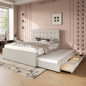 Gestoffeerd bed, tweepersoonsbed, familiebed, huwelijksbed met drie laden, uitschuifbaar bed, verstelbaar hoofdeinde, beige, 140x200cm