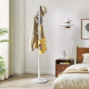 Kapstok Vrijstaande Standaard met 8 Haken en Ronde Basis - Houten Hal Entree Kapstok - Portemonnees Kleding Sjaals voor Hal Slaapkamer - Wit WD-114 kapstok