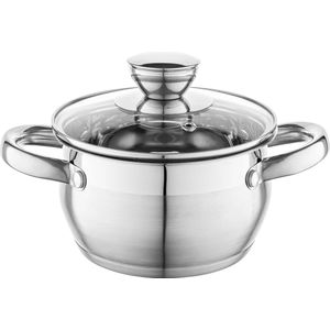Roestvrijstalen Kookpan met Glazen Deksel en Maatbeker – 14 cm, 1,3 l – Vaatwasmachinebestendig, Geschikt voor Alle Kookplaten