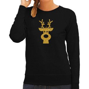 Rendier hoofd Kerst trui - zwart met gouden glitter bedrukking - dames - Kerst sweaters / Kerst outfit XS