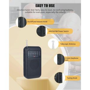 oCreon Draagbare AM/FM/SW Mini Radio – Batterij Aangedreven - Hoofdtelefoonaansluiting - Outdoor - Nood