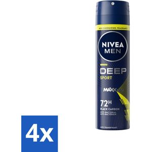 4 x NIVEA MEN - Deodorant Spray - Deep Sport - 150 ml - 72 Uur Bescherming - Anti-transpirant - Zweetvermindering - Lichaamsgeur Absorberen - Citrusgeur