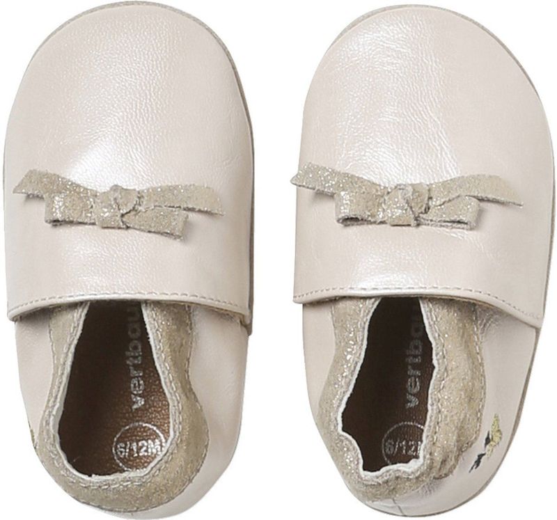 Elastische Leren Babyschoentjes - Lichtroze - Slofjes - Geborduurde Bloem en Gouden Strik