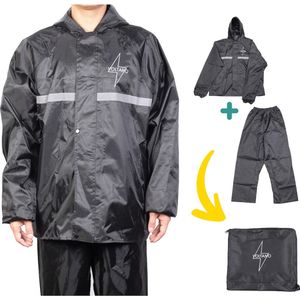 Voltano Regenpak Met Capuchon - Maat M - Zwart - Unisex - Inclusief Draagtas - Ademend - Reflectie - Waterdichte Rits - Verstelbare Mouwuiteinden