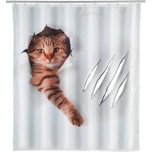 Douchegordijn Cute Cat, textielgordijn voor de badkamer, met ringen voor bevestiging aan de douchestang, wasbaar, waterafstotend, 180 x 200 cm
