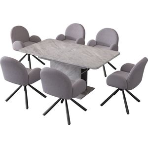 Merax Esszimmer-Set met Esstisch en 6 Stühlen - Uitbreidbare Eettafel met Sherpa-Stoelen en Opbergruimte - Moderne en Elegante Ontwerp - Grijs