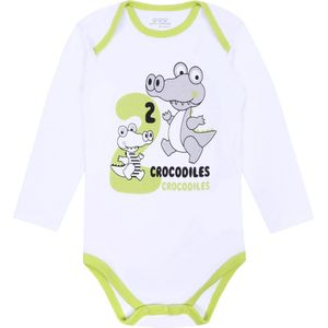 Wit rompertje met groene biezen en lange mouwen, krokodillen