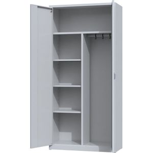 Metalen schoonmaakkast - 195x92x42 cm - Lichtgrijs - Hang & leg - Met slot - draaideurkast, lockerkast, garage kast, opbergkast - AKP-203 - Povag