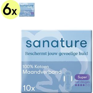 Sanature 100% katoenen - Maandverband Super - 6 x 10 stuks - Natuurlijk & voor de gevoelige huid