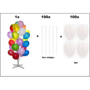 1x Ballonnen boom 180cm wit + 100x Ballonstokjes karton + 100x Ballonnen wit - Huwelijk Festival verjaardag thema feest party opening uitdeel