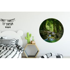 Behangcirkel - Behangsticker - Stenen - Rivier - Jungle - Boom - Groen - Zelfklevend behang - 100x100 cm - Woondecoratie - Behangcirkel jungle - Cirkel behang