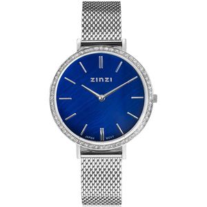 ZINZI horloge GRACE 34mm donkerblauwe parelmoer wijzerplaat, rondom bezet met witte crystals, stalen kast en band ziw1346