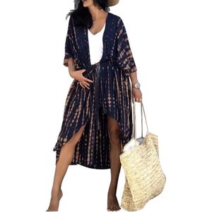 Allecto Plus - Lange zomerse strandjurk met boho-kimono, bloemenprint, marineblauw, One size