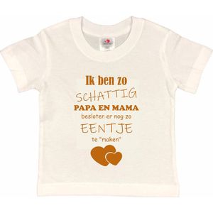 Shirt Aankondiging zwangerschap Ik ben zo schattig papa en mama besloten er nog zo eentje te ""maken"" | korte mouw | Wit/tan | maat 122/128 zwangerschap aankondiging bekendmaking