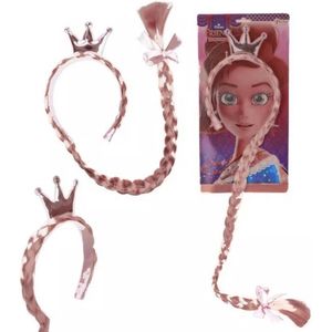 Haarband met bruine vlecht, kroontje en strikje - roze prinses diadeem - Kerstcadeau Sinterklaas schoencadeautje - kerst cadeau tip