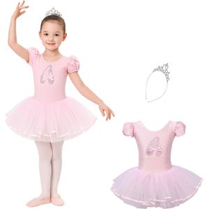 Joya Kids® Roze balletpakje met tutu en glitterprint | Ballerina jurkje | Ballet Jurk + Kroontje | Maat 98/104 (100) | Cadeau meisje
