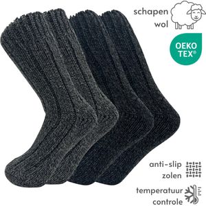 Warme Noorse Wollen sokken - 2 paar - maat 39-42 - Zwart & Grijs - Dikke Huissokken met Schapenwol, Wintersokken Dames/Heren