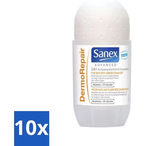 10 x Sanex Advanced - Dermo Repair - Deodorant Roller - 24h Anti-Transpirant - 0% Alcohol - 50 ml - Alcoholvrij Deodorant - Deodorant Voor Normale Huid