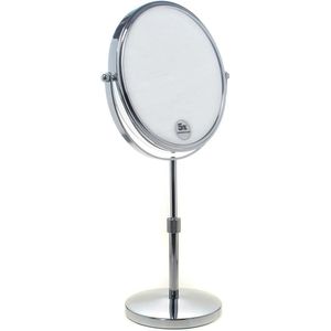 Staande spiegel, in hoogte verstelbaar, 5-voudige vergroting, 20,5 cm make-upspiegel, verchroomd scheerspiegel, tafelspiegel, badkamerspiegel, dubbelzijdig: normaal + 5x zoom,