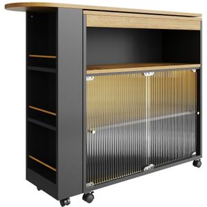 Uitschuifbare bartafel met opbergruimte, verplaatsbare bartafel, telescopische bartafel met LED, bartafel, bistrotafel, hoge tafel, kookeiland, bistrotafel, zwart (138-204×39×105cm)