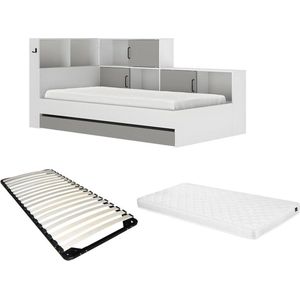 Bed met opbergruimte en lade - 90 x 200 cm - Kleuren: wit en grijs + lattenbodem + matras - ARMAND L 221 cm x H 104 cm x D 120 cm