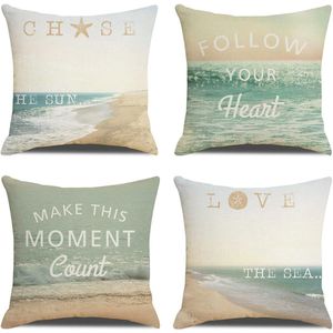 Kussenhoezen, decoratieve kussenslopen, set van 4 kussenhoezen, sierkussen, bankkussen, voor bank, bed, auto, kantoor, café, tuin, decoratie (45 x 45 cm, zee en zandstrand)