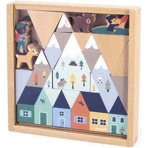 Janod Cross Roads - Set Van 35 Houten Blokken De Bergvallei - Bevat 27 Blokjes En 8 Figuurtjes - Kinderen Maken Hun Eerste Bouwwerken Met Deze Set - Mooie Geschenkverpakking - Geschikt Vanaf 2 Jaar